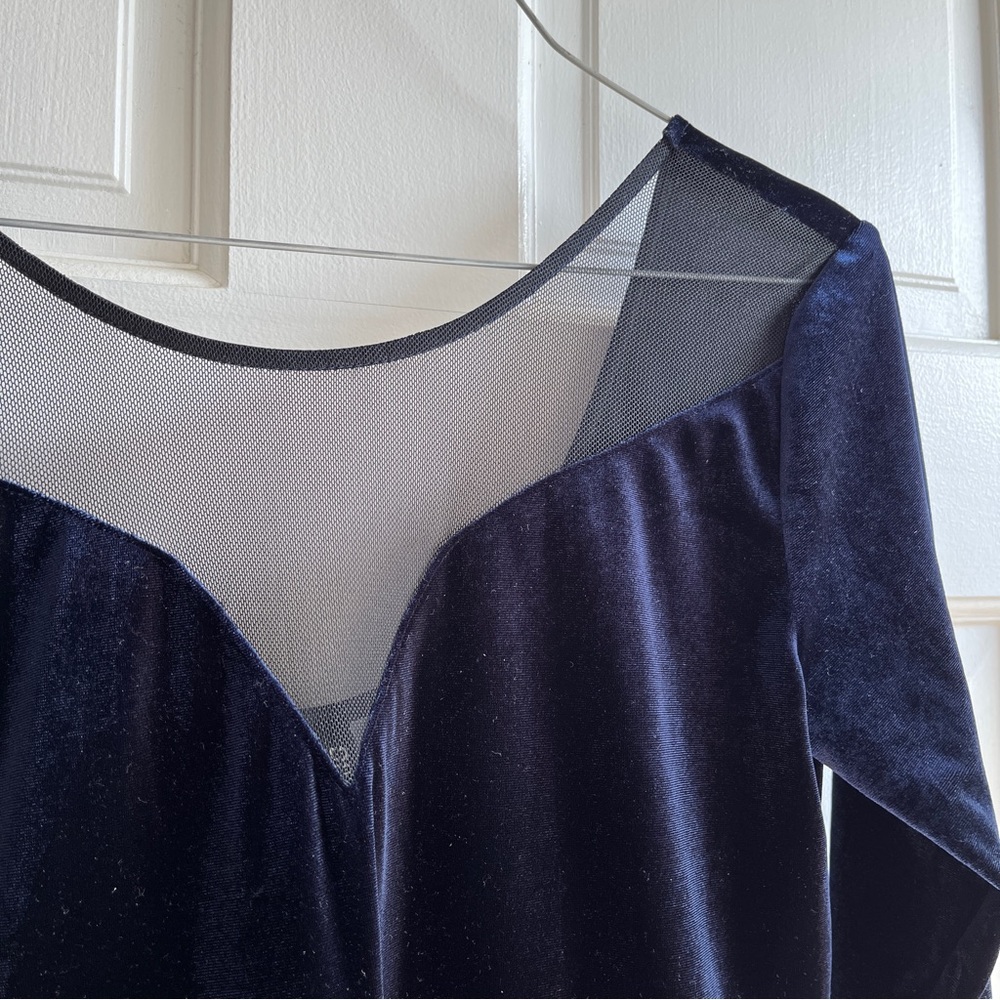 Blue Velvet Dress with Black Skirt and Lace Detail - Picture 3 of 9